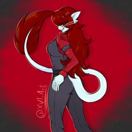 1girls 2d 6_breasts 6_fingers alien alien_girl alien_humanoid ariral armband ass back_view bangs_over_eyes breasts cat_ears cinna_(lavaimp) female female_only fully_clothed hair_ornament long_ears long_hair looking_back looking_over_shoulder multi_breast pants presenting_hindquarters red_hair scar scar_on_face self_upload shark_teeth shirt signature simple_background smiling solo solo_female suit tail tail_tuft voices_of_the_void whiskers xvi