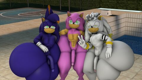 3d abs ass balls basketball_court big_ass big_butt blue_body blue_fur bracelet detailed_background digital_media_(artwork) diving_board ear_piercing eulipotyphlan flaccid fur genitals gesture green_eyes group hand_gesture hedgehog hi_res huge_ass huge_butt hyper hyper_ass hyper_butt jewelry male mammal outside penis piercing pink_body pink_fur portrait pose smile standing swimming_pool thick_thighs three-quarter_portrait trio v_sign vein veiny_penis water white_body white_fur yellow_eyes