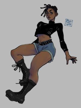 1boy 1femboy alternate_version_available amora based_on_a_real_person belt belt_buckle black_boots black_hair black_shirt boots commission cropped_shirt dark-skinned_femboy dark-skinned_male dark_hair dark_male_only dark_skin femboy feminine feminine_body grey_background jean_shorts long_sleeves looking_at_viewer male male_only sissy solo solo_focus solo_male turtleneck