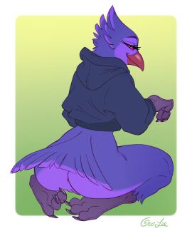 anthro anus ass avian beak bird bottomless clothed clothing feathers female genitals goolee hi_res hoodie hoodie_only looking_at_viewer looking_back looking_back_at_viewer parrot purple_body purple_feathers pussy rear_view smile solo sumire_nasuka tail tail_feathers topwear topwear_only vulva