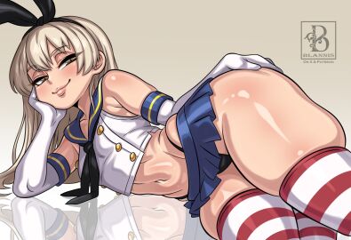 1girls blannis_art breasts female female_focus female_only kantai_collection light-skinned_female light_skin looking_at_viewer midriff shimakaze_(kantai_collection) skirt small_breasts solo thick_thighs thighhighs thighs wide_hips