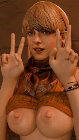 1girls 3d 3d_(artwork) 9:16 areolae ashley_graham ashley_graham_(brooke_elizabeth_mathieson) ashley_graham_(ella_freya) bangs big_breasts blonde_hair blue_eyes breasts breasts_out busty clothes_lift customized_model erect_nipples exposed exposed_breasts female female_focus female_only flashing flashing_breasts hi_res human medium_breasts nipples nsfwoao18 pose resident_evil shirt shirt_up smile solo sweater sweater_lift sweater_up v v_sign