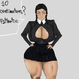 1girls ass big_ass big_breasts big_butt boob_window breasts butt cleavage diablo3times english_text female female_only huge_breasts skirt small_penis_humiliation speech_bubble the_addams_family thick_thighs wednesday_addams wide_hips