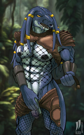 abs alien anthro bangaa crossover crossover_cosplay final_fantasy genitals hi_res hybrid iudicium86 male male_only muscular muscular_anthro muscular_male nipples pecs penis predator_(franchise) sharp_teeth solo square_enix teeth thrakos yautja_(cosplay)