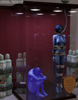 3d blue-skinned_female blue_skin bound bound_arms bound_legs cortana female halo_(series) nippleless thejpeger trophy_case