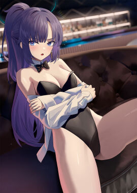 alternate_hairstyle animal_ears arm_under_breasts arms_crossed arms_crossed_under_breasts arms_under_breasts bare_shoulders black_halo black_leotard black_topwear blue-eyed_female blue_archive blue_eyes blurred_background blurry_background blush blush_face blushed_face blushing_at_viewer blushing_face blushing_female bow bowtie breasts cirilla_lin crossed_arms detached_collar embarrassed embarrassed_exposed_female embarrassed_expression embarrassed_female fake_animal_ears female fingernails frown frown_eyebrows frowning frowning_at_viewer halo high_ponytail indoor indoors knee_up leotard long_hair looking_to_the_side nail_polish nails off_shoulder open_clothes open_clothing open_mouth open_shirt open_topwear parted_lips playboy_bunny ponytail purple-haired_female purple_eyebrows purple_hair rabbit_ears red_fingernails red_nail_polish red_nails shirt sidelocks sitting strapless strapless_leotard tongue topwear traditional_bowtie unbuttoned unbuttoned_shirt white_shirt white_topwear yuuka_(blue_archive)
