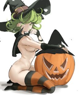 1girls 2d 2d_(artwork) breasts cape female female_focus female_only fingerless_gloves green-haired_female green_eyes green_hair halloween looking_at_viewer nude nude_female one-punch_man pumpkin rakeemspoon sitting small_breasts stockings tatsumaki white_background witch_costume witch_hat