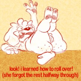 anthro ass bird_dog canid canine canis collar collar_only domestic_dog female freckled_butt freckles futanari gesture hunting_dog intersex irish_setter lazy_ruby legs_up lying mammal nude on_back ruby_mello_(dynamitegrizzly) setter solo text trans_woman transfem waving