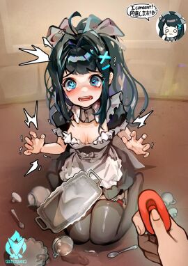 1boy ahoge apron artist_logo black_dress black_thighhighs blue_eyes blush consent_sticker cross-shaped_pupils crying cup dress female full_body green_hair horizontal_pupils logo long_hair looking_at_viewer maid maid_apron male mismatched_pupils open_mouth original ponytail pov remote_control_vibrator seiza sex_toy sitting spill symbol-shaped_pupils teacup teeth thighhighs tray trembling vibrator waist_apron yeougui yuki_(yeougui)