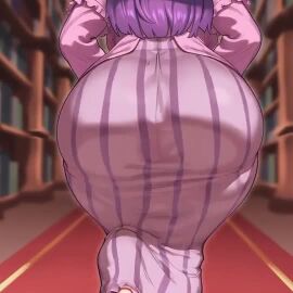 1girls ai_generated ass behind_view bubble_butt dumptruck_ass female female_only large_ass long_hair mochipawg pajamas pale-skinned_female pale_skin patchouli_knowledge purple_hair purple_nails purple_pajamas spankable_ass tagme touhou video walking