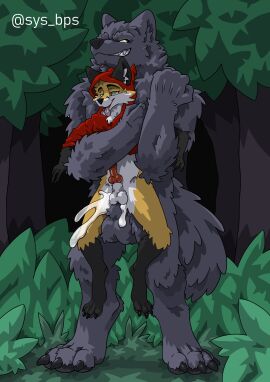 absurd_res anal anal_sex anthro ass balls big_balls bodily_fluids bright_eyes canid canine canis carrying_another carrying_partner carrying_position claws cum cum_in_ass cum_inside digitigrade dominant dominant_anthro dominant_male duo fairy_tales forest fox genital_fluids genitals grin hi_res knot knotted_penis knotting little_red_riding_hood little_red_riding_hood_(copyright) looking_pleasured male male/male mammal mythological_canine mythological_creature mythology night penetration penis penis_size_difference plant sex size_difference smile standing standing_sex sys_bps toe_claws tongue tongue_out tree were werecanid werecanine werewolf wolf