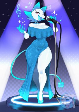 1girls 2d 2d_(artwork) 2d_artwork anthro anthro_only blue_dress breasts cleavage deltarune deltarune_chapter_2 dress emmet_twunks eyelashes female happy high_heels hourglass_figure leaky_emmet microphone microphone_stand musical_note pinup shoulders singing smile smiling solo sparkles tagme tasque_manager_(deltarune) tasque_manager_(gala_dress)_(deltarune) thighs undertale_(series)