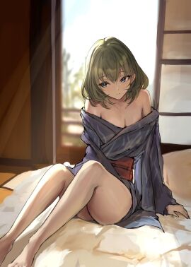 arm_support backlighting bare_calves bare_chest bare_hands bare_knees bare_legs bare_shoulders bare_soles bare_thighs barefoot blue-eyed_female blue_eyes blurry blurry_background breasts cleavage closed_mouth eyebrows_visible_through_hair female green-haired_female green_eyes green_hair hair_between_eyes head_tilt heterochromia idolmaster idolmaster_cinderella_girls japanese_clothes kimono kneepits knees_up legs looking_at_viewer medium_breasts medium_hair mole mole_under_eye nyome991 off_shoulder on_bed sitting slender_body slender_waist slim_female slim_waist smile solo takagaki_kaede thick_thighs thin_waist tilted_head toes yukata