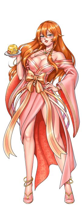 anklet bare_shoulders blush breasts cg cleavage female food full_body gourmet_marie_(hentai_heroes) green_background green_eyes hair_between_eyes hentai_heroes japanese_clothes jewelry kinkoid large_breasts lipstick long_hair looking_at_viewer makeup marie_(hentai_heroes) nakiri_erina necklace no_bra official_art open_mouth orange_hair parody sandals sash shiny_skin shokugeki_no_souma simple_background smile solo standing transparent_background very_long_hair wide_sleeves