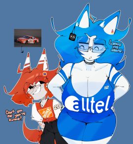 76 2025 alltel animal_ears animal_nose annoyed annoyed_expression big_breasts black_pants blue_dress blue_eyes blue_hair breasts circular_glasses cleavage collar dodge_(brand) dodge_charger female glasses grin hair_ornament home_depot large_breasts light-skinned_female light_blue_dress light_blue_hair light_skin long_hair male nascar nascar_cup_series necklace orange_hair orange_shirt orange_tail original original_character pontiac pontiac_grand_prix ryan_newman short_male shorter_male sleeveless smile sponsor springyardact3 square_glasses stock_car tail teasing thin_waist tony_stewart white_skin white_skinned_female wide_hips