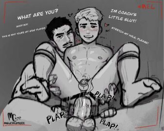 2boys age_difference anal anal_sex bara big_dom_small_sub big_penis blush coach daddy dilf dirty_talk english english_text erect_penis erection facial_hair gay gay_anal gay_domination gay_sex height_difference huge_cock large_penis male male/male male_only melcrumbs muscular muscular_male penis penis_size_difference size_difference text thick_penis veiny_penis yaoi