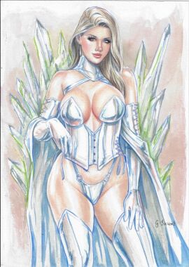 blonde_hair blue_eyes breasts choker cleavage corset emma_frost female gustavo_izumi hellfire_club large_breasts marvel marvel_comics panties platinum_blonde_hair traditional_art traditional_media_(artwork) tramastudio white_queen x-men
