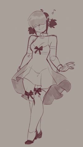 1girls bow bow_legwear bow_thighhighs cleavage dress female female_only hair_over_eyes kiki_(teelokay) musical_note smile solo tall_socks teelokay_(artist) thighhighs