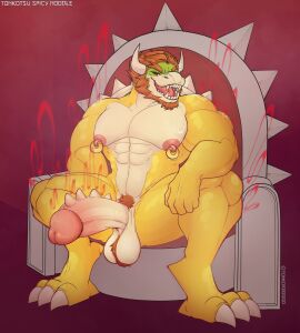 1boy anthro balls beard big_bulge bodily_fluids bowser bulge chair claws facial_hair fangs furniture furry furry_male furry_only heat_(temperature) hi_res horn king koopa looking_at_viewer male male_only mario_(series) muscular nintendo nipple_piercing nipples piercing reptile royalty scalie shell sitting solo sweat teeth throne tonkotsu_spicy_noodle