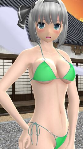 1girls 2023 3d afternoon armpit belly_button bikini black_ribbon blue_eyes blush breasts clavicle cleavage clouds female green_bikini grey-haired_female hand_on_hip hati_yukkuri_mmd headband hips human jpeg light-skinned_female light_skin looking_at_viewer mmd open_mouth outdoors short-haired_female side_boob solo_female solo_focus spirit sunset swimsuit touhou waist wisp youmu_konpaku