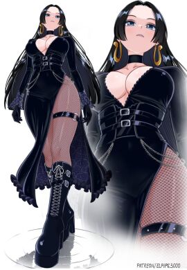 alternate_costume black_boots black_choker black_dress black_hair blue_eyes boa_hancock boots breasts choker dress earrings elpipe_3000 female fishnet_pantyhose fishnets highres jewelry large_breasts o-ring o-ring_thigh_strap one_piece pantyhose snake_earrings solo thigh_strap white_background zoom_layer