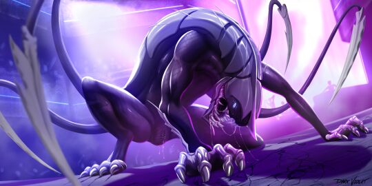 2025 2:1 absurd_res blue_sclera bodily_fluids claws dark_violet digital_media_(artwork) female feral front_view genital_fluids genitals grey_body hi_res inside khanivore love_death_+_robots monster multi_tail netflix open_mouth pussy saliva solo tail teeth vaginal_fluids