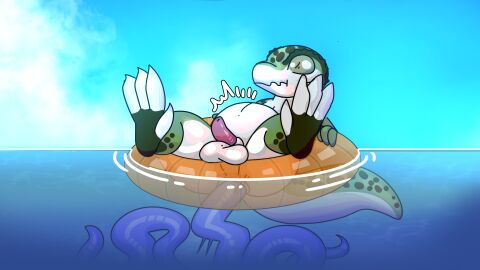 absurd_res anal anal_sex animal_genitalia erection gecko gecko_humanoid genitals hi_res lizard male male_penetrating penetration penis pool_float pool_toy reptile scalie sheath tapering_penis tentacle tentacle_creature tentacle_in_ass tentacle_penetration water