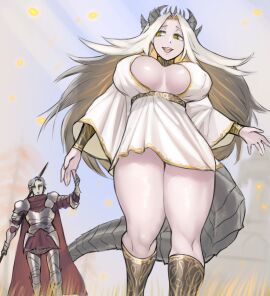 amber_eyes ancient_dragon_lansseax anthro big_breasts boob_window bracers breasts canon_couple dragon elden_ring female fromsoftware giantess holding_hands horn horns human_form knight muscular muscular_female scas size_difference standing tail thighs vyke_(elden_ring) white_hair