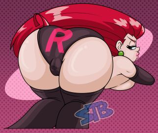 1girls armwear ass ass_focus ass_up backboob big_ass black_gloves black_panties black_thighhighs blue_eyes breasts ear_piercing earrings female female_only gloves hugeass jessie_(pokemon) large_ass legwear lips lipstick long_hair mature mature_female panties pink_lips pink_lipstick pokemon pokemon_(anime) red_hair solo solo_female supertastybuttz thick_lips thighhighs thighs