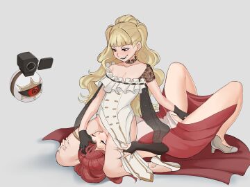 2girls alternate_costume anna_(fire_emblem) anna_(fire_emblem_fates) ball_(object) bangs bare_arms bare_legs bare_shoulders bellfonts blonde_hair breasts camera cape choker cleavage collarbone cunnilingus dress eitri_(fire_emblem) facesitting fangs female female_only filming fingering fingering_partner fire_emblem fire_emblem_heroes gloves hand_on_head high_heels kneeling legs long_hair multiple_females multiple_girls nintendo on_back open_mouth pelvic_curtain ponytail pussy red_eyes sex shoulders small_breasts smile tri_tails vaginal_penetration very_long_hair yellow_hair yuri