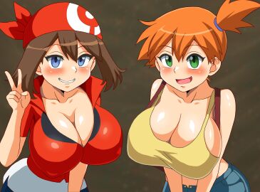 2girls alternate_breast_size asymmetrical_hair bandana big_breasts blue_eyes blue_shorts blush breasts brown_hair cleavage creatures_(company) denim denim_shorts female female_focus game_freak green_eyes grin hair_between_eyes highres huge_breasts kasumi_(pokemon) large_breasts leaning_forward looking_at_viewer may_(pokemon) multiple_females multiple_girls nintendo open_mouth orange_hair pokemon pokemon_(anime) pokemon_(classic_anime) pokemon_rgby pokemon_rse ponytail red_bandana red_shirt shirt short_hair short_shorts shorts side_ponytail smile speech_bubble su_retro_space suspenders tank_top thick_thighs thighs upper_body v