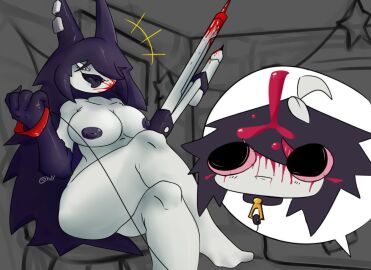 abbie_(fundamental_paper_education) casual casual_nudity classroom collar cordy crossed_legs dominant domination female female_only fundamental_paper_education gore miss_circle_(fundamental_paper_education) nude public public_nudity school smile student teacher teacher_and_student teasing tongue tongue_out