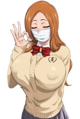 ai_assisted ai_generated bustybunz face_mask fellatio_gesture heavy_breathign huge_breasts inoue_orihime mask oral_invitation skirt suggestive suggestive_gesture tagme video