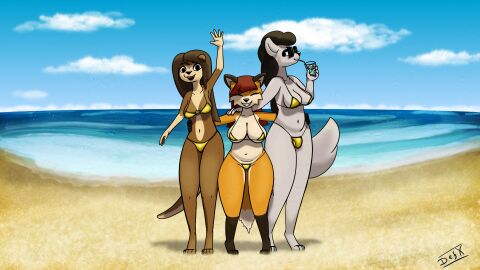 agustina_(cansinodx) anthro aurora_(cansinodx) beach bikini black_hair brown_body bulge canid canine canis cansinodx clothing eyewear female fox futanari gesture glasses gold_bikini golden_week group hi_res intersex mammal mustelid olivia_(cansinodx) orange_body otter red_hair smile sunglasses swimwear trans_woman transfem trio two-piece_swimsuit waving waving_at_viewer wearing_glasses white_body wolf