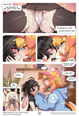 absurd_res anthro bandage bandage_on_face big_breasts big_ears black_hair blep blue_(breedypupper) blue_eyes blush blushing_profusely bodily_fluids breasts breedypupper brown_eyes camel_toe canid canine canis closed_eyes clothing comic dialogue domestic_dog ellipsis english_text exclamation_point eyewear felid feline female female/female fishnet_clothing fishnet_legwear genital_fluids genitals glasses hair hands_over_mouth hat headgear headwear heart_symbol hi_res hoodie jennie_(breedypupper) kissing lagomorph legwear leporid mammal nintendo orange_hair panties pokemon praise pussy rabbit signature speech_bubble steam text tongue tongue_out topwear underwear url vaginal_fluids