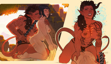 2girls alimony areolae ass baldur's_gate baldur's_gate_3 bangs black_hair breasts broken_horn brown_hair doggy_style dungeons_and_dragons elf elf_ears elf_female feet female female_only fit fit_female forgotten_realms grabbing_sheets half-elf heart karlach light-skinned_female light_skin medium_breasts multiple_females multiple_girls muscular muscular_female nipples nude nude_female on_knees pointy_ears ponytail pubic_hair pulling_hair red_skin scar sex sex_toy shadowheart stomach_bulge strap-on strapon tail tattoo tiefling yuri