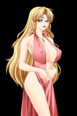 anzai_miki backless_dress backless_outfit blonde_hair breasts center_opening dress female game_cg gentle_sasaki glasses high_slit_dress huge_breasts inner_sideboob kansen_(series) kansen_2 long_hair necklace no_bra no_bra_under_clothes pink_dress sideboob