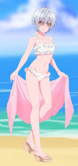 1girls bare_shoulders beach bikini breasts female full_body green_eyes kikuchi_fuuka looking_at_viewer medium_breasts short_hair silver_hair standing sunglasses towel white_bikini