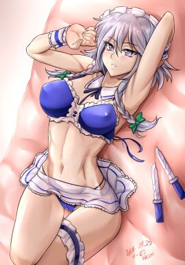 armpits ass beltskirt big_breasts breasts cleavage detached_collar female hocen large_ass large_breasts midriff navel revealing_clothes sakuya_izayoi thick_thighs thigh_strap touhou wide_hips wrist_cuffs