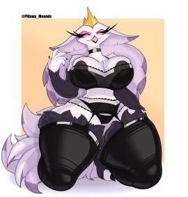 2024 5_fingers absurd_res anthro avian beak big_breasts bird black_choker black_clothing black_fur black_jewelry black_legwear black_necklace black_nipples black_panties black_thigh_highs black_underwear body bra breasts choker clothing demon eyelashes feathers female fingers fur garter_belt garter_straps hair helluva_boss hi_res huge_thighs jewelry kneeling legwear long_eyelashes long_hair mature_anthro mature_female milf multicolored_body multicolored_fur necklace nipples owl owl_demon panties pillowymounds pink_sclera solo stella_(helluva_boss) tail tail_feathers thick_thighs thigh_highs two-tone_body two-tone_fur underwear wearing_crown white_body white_eyes white_fur wide_hips