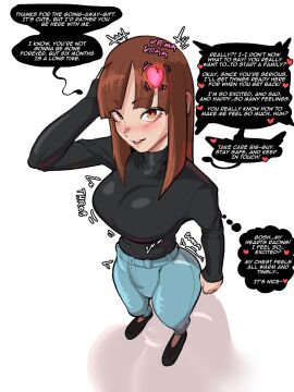 1girls before_transformation bimbofication blush brown_hair english_text female hairclip heart jeans looking_at_viewer pov pov_eye_contact pre-transformation smile solo_female standing text text_bubble the_varking thought_bubble transformation