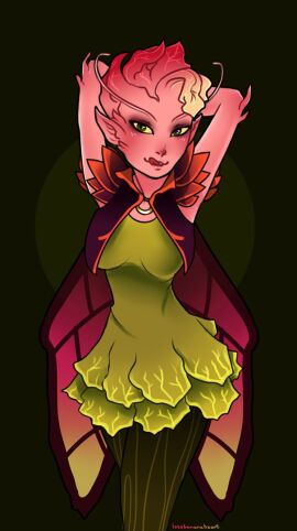 arms_behind_head breasts clothed dark_willow dota_2 fairy_wings female green_skirt large_breasts licking_lips looking_at_viewer pink_skin solo_female solo_focus