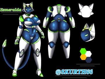 ass big_ass big_breasts big_butt blue_skin breasts cat_ears esmeralda_(skur) female green_eyes humanoid_robot oc robot robot_girl skurth66 tail thick_ass thick_thighs