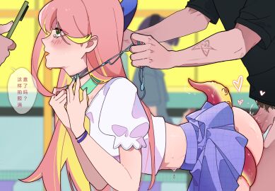 1boy 2others ambiguous_gender arm_tattoo asphyxiation bent_over black_shirt blonde_hair blue_bow blurry blurry_background blush bow bracelet cellphone chinese_text choker cocolis colored_inner_hair drooling earphones female from_side green_choker green_eyes green_nails hairbow hands_up head_out_of_frame heart highres holding holding_earphones holding_phone jewelry leaning_forward long_hair male midriff miniskirt multicolored_hair multiple_others open_mouth penis people phone pink_hair puffy_short_sleeves puffy_sleeves purple_skirt pussy pussy_juice quandai19 quandaiyaojiu rolling_eyes rough_sex sex sex_from_behind shirt short_sleeves skirt smartphone solo_focus speech_bubble strangling tattoo tearing_up tentacle tianwen_kadokawa white_shirt