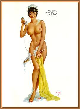 1girls alberto_vargas breasts corded_phone female female_only maid maid_headdress nice_tits nipples phone scrub_brush soap_bubbles soapy soapy_breasts topless topless_female towel wet