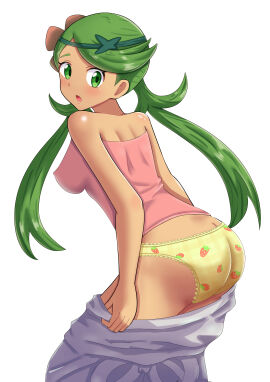 1girls :o absurd_res ass ass_crack blush breasts butt_crack clothes_pull covered_nipples creatures_(company) erect_nipples female flower frilled_panties frills game_freak green_eyes green_hair hair_flower hair_ornament hi_res leaning_forward long_hair long_twintails looking_back maho_(corotonton5150) mallow_(pokemon) matching_hair/eyes medium_breasts nintendo nipples open_mouth panties pokemon pokemon_(anime) pokemon_sm pokemon_sm_(anime) solo strapless strawberry strawberry_print tan tan-skinned_female tan_body tan_skin tank_top twintails yellow_panties