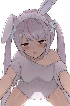 1girls animal_ears blush body_writing bow breasts covered_nipples fake_animal_ears female frilled_hairband frills hairband hairbow half-closed_eyes looking_at_viewer medium_breasts moriartea multicolored_hair naked_shirt off_shoulder open_mouth purple_eyes purple_hair rabbit_ears red_hair red_streak see-through_silhouette shirt simple_background solo streaked_hair sweat sweatdrop tally tosaki_mimi twintails two-tone_hair virtual_youtuber vspo! white_background white_hairband white_shirt