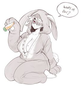 aunt aunt_hellen_(insouwu) belly_button big_breasts boobs breasts bunny_costume bunny_ears carrot eyebags female insouwu massive_breasts mature_female milf mole mole_on_breast oc original_character red_eyes short_hair text text_bubble thick thick_hips thick_legs tomboy tomboy_milf