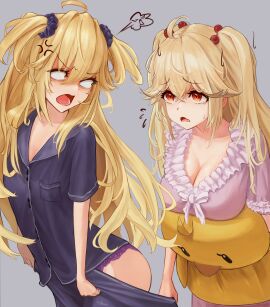 2girls admiral_hipper_(azur_lane) ahoge anger_vein angry azur_lane blonde_hair blucher_(azur_lane) bluecher_(azur_lane) breast_envy breast_rest breasts cg cleavage grey_background hair_between_eyes hair_ornament large_breasts long_hair multiple_girls nightgown official_alternate_costume open_mouth orange_eyes pajamas panties purple_panties red_eyes simple_background sleepwear sweatdrop twintails two_side_up underwear