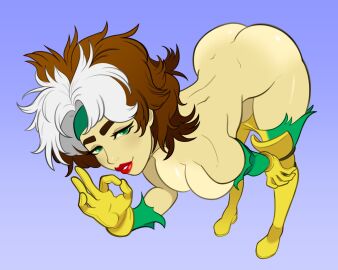 1girls arched_back ass brown_hair bubble_ass bubble_butt female female_focus female_only grim_grasper large_ass large_butt looking_at_viewer marvel marvel_comics rogue_(x-men) solo_female solo_focus two-tone_hair white_hair x-men